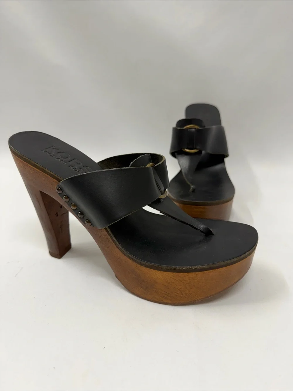 Michael Kors Black Leather Platform Thong Heels | 5” Heel